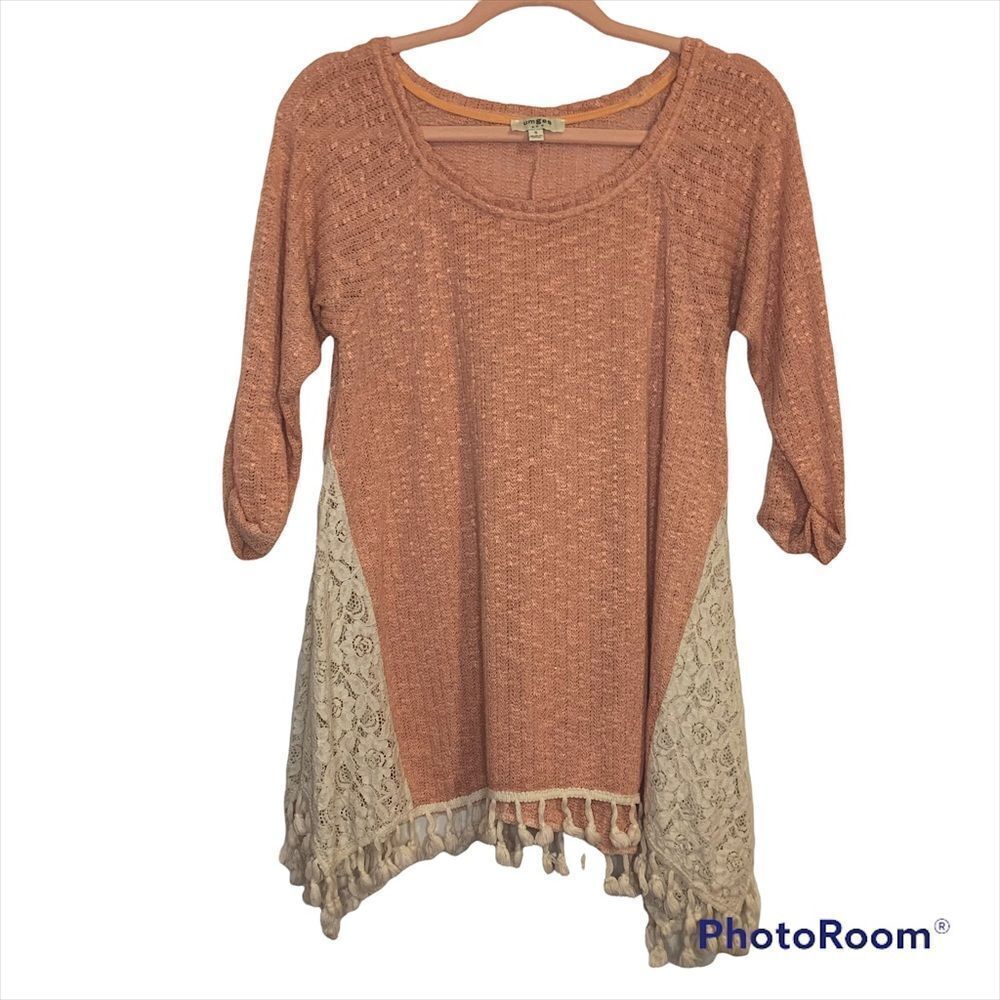 Umgee Coral Lace Fringe Marled Knit Sweater Tunic